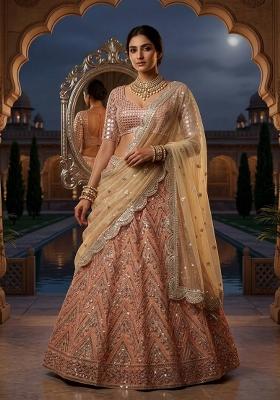 Peach Embroidered Net Lehenga Set