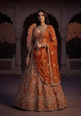 Orange Embroidered Net Lehenga Set