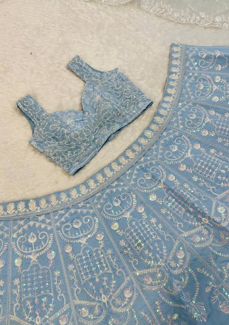 Sky Blue Sequin Work Silk Lehenga Set - Indya