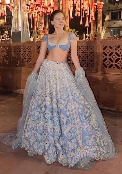 Sky Blue Sequin Work Silk Lehenga Set