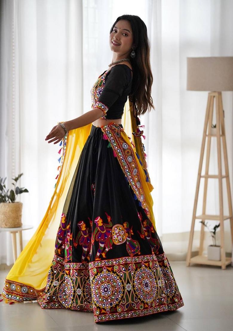 Black Mirror Work Georgette Chaniya Choli Set For Navratri And Garba - Indya