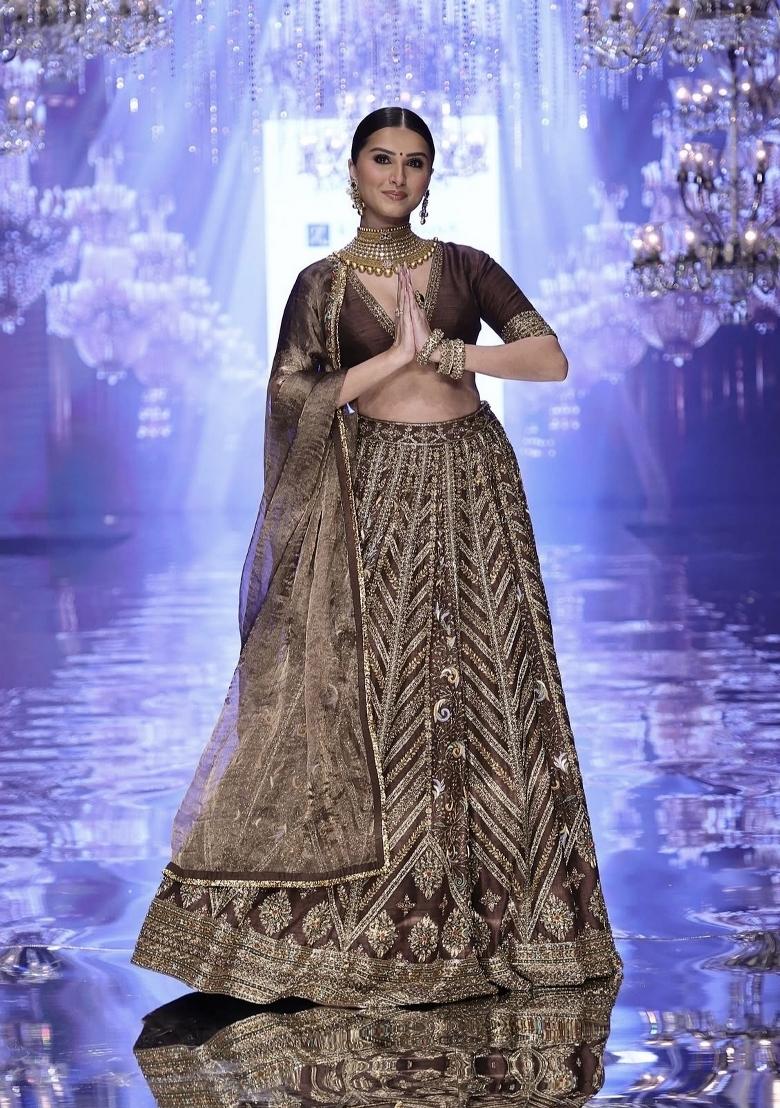 Coffee Sequin Work Silk Lehenga Set - Indya