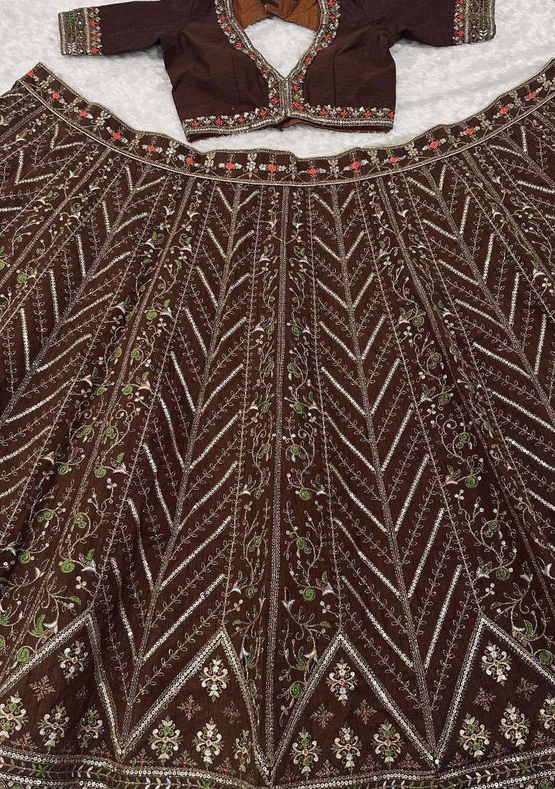 Coffee Sequin Work Silk Lehenga Set - Indya