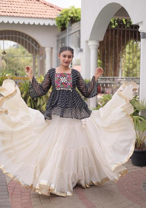 Black And Off White Kutchi Work Cotton Chaniya Choli Set For Navratri And Garba