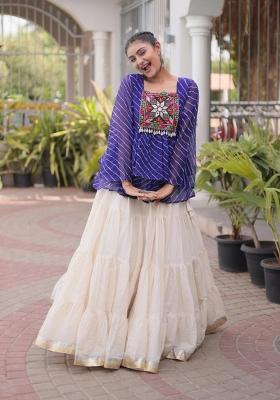 Blue And Off White Kutchi Work Cotton Chaniya Choli Set For Navratri And Garba