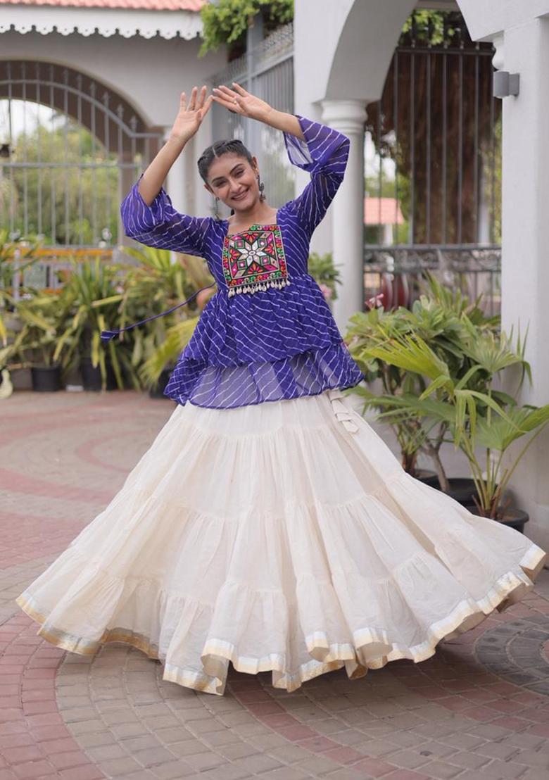 Blue And Off White Kutchi Work Cotton Chaniya Choli Set For Navratri And Garba - Indya