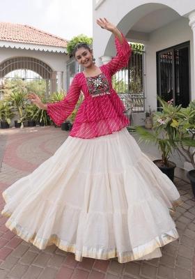 Pink And Off White Kutchi Work Cotton Chaniya Choli Set For Navratri And Garba