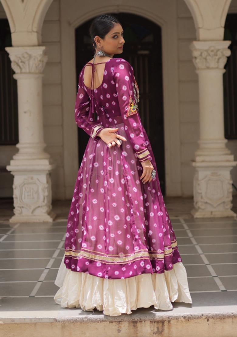 Wine And Off White Kutchi Work Cotton Chaniya Choli Set For Navratri And Garba - Indya