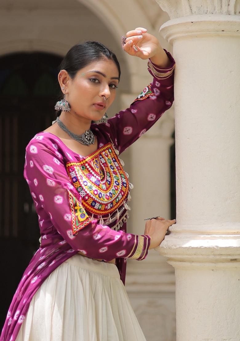 Wine And Off White Kutchi Work Cotton Chaniya Choli Set For Navratri And Garba - Indya