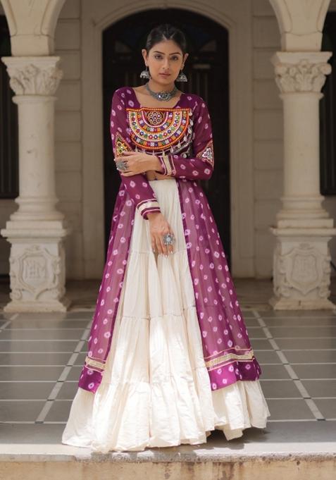 Wine And Off White Kutchi Work Cotton Chaniya Choli Set For Navratri And Garba
