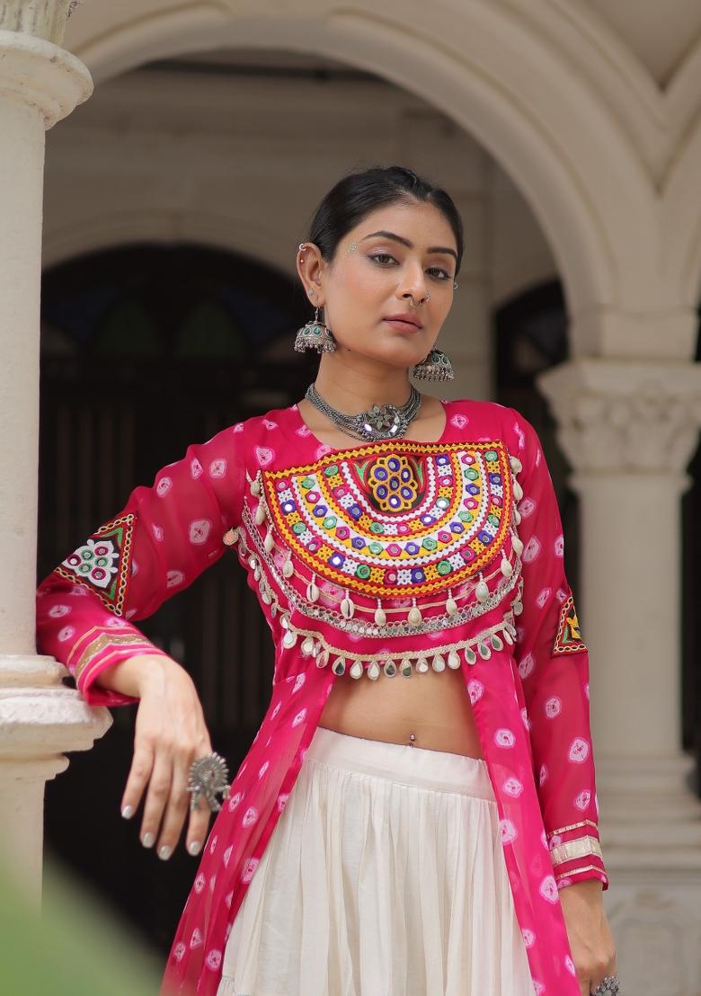 Pink And Off White Kutchi Work Cotton Chaniya Choli Set For Navratri And Garba - Indya