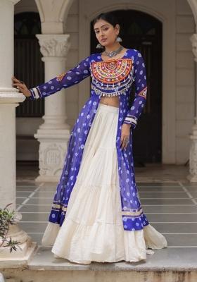 Blue And Off White Kutchi Work Cotton Chaniya Choli Set For Navratri And Garba