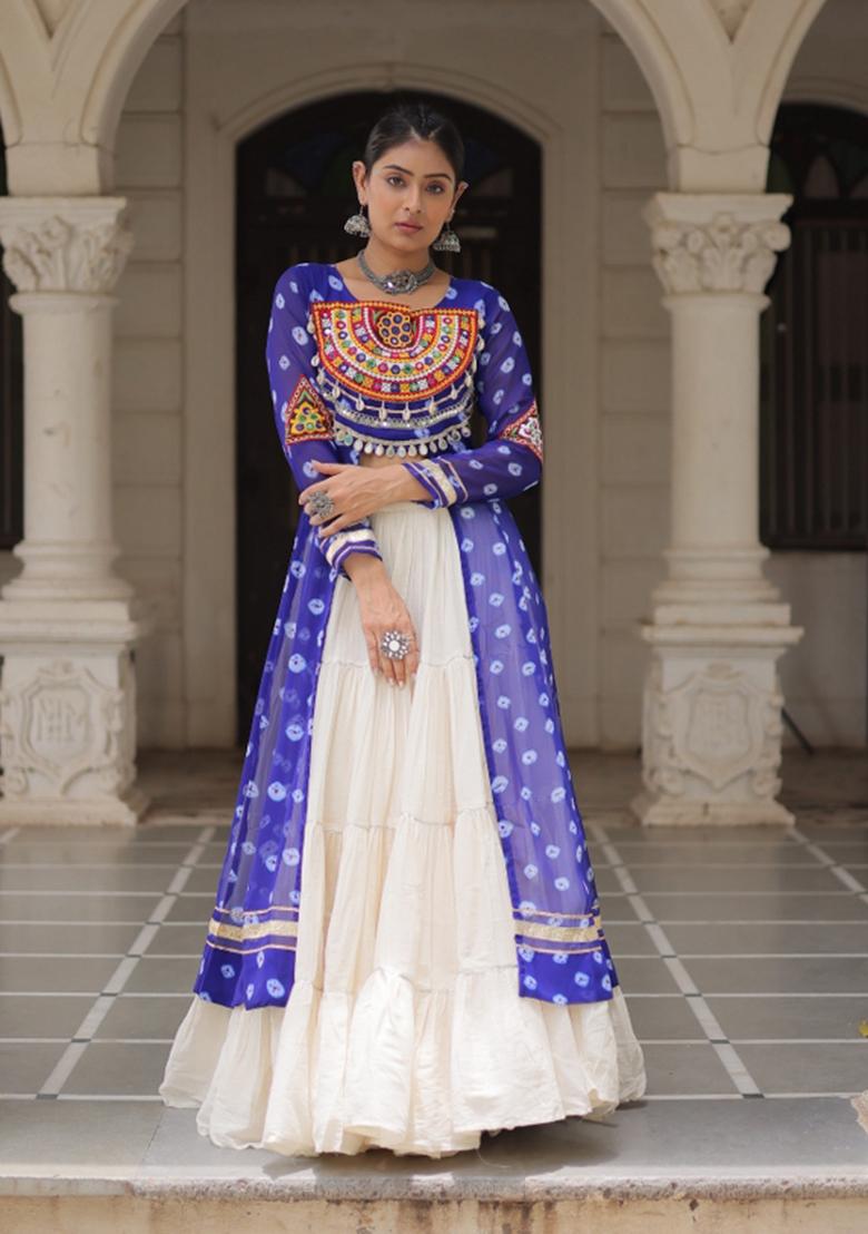 Blue And Off White Kutchi Work Cotton Chaniya Choli Set For Navratri And Garba - Indya
