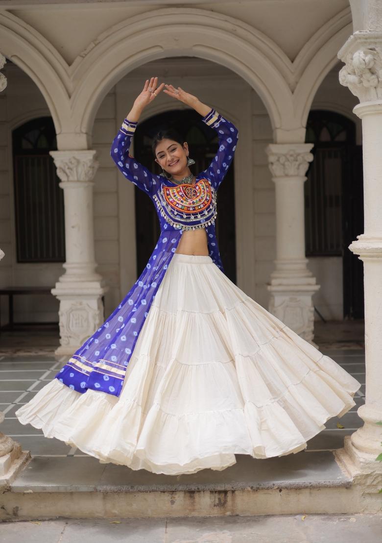 Blue And Off White Kutchi Work Cotton Chaniya Choli Set For Navratri And Garba - Indya