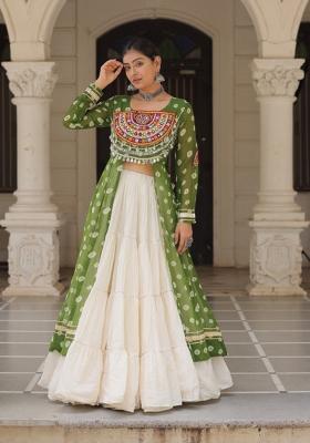 Green And Off White Kutchi Work Cotton Chaniya Choli Set For Navratri And Garba