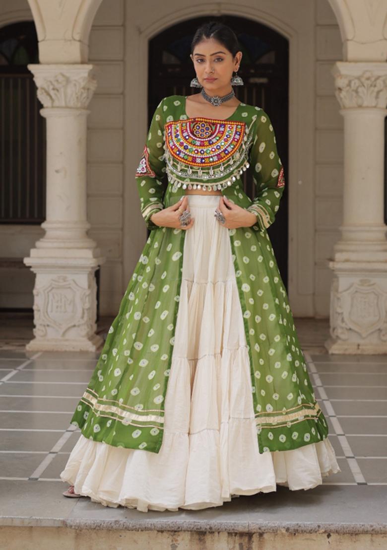Green And Off White Kutchi Work Cotton Chaniya Choli Set For Navratri And Garba - Indya