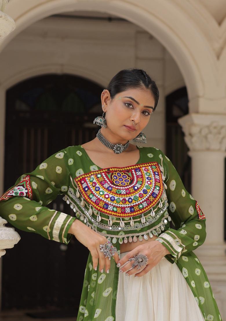 Green And Off White Kutchi Work Cotton Chaniya Choli Set For Navratri And Garba - Indya