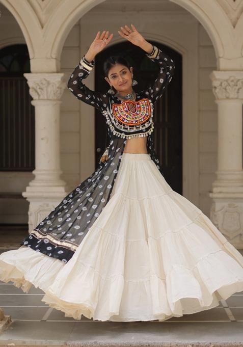Black And Off White Kutchi Work Cotton Chaniya Choli Set For Navratri And Garba