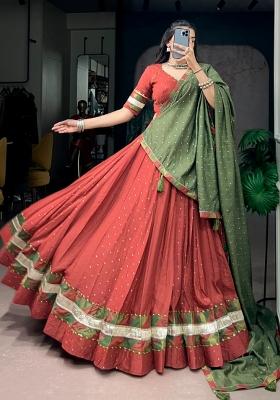 Brick Red Zari Work Chanderi Chaniya Choli Set For Navratri And Garba