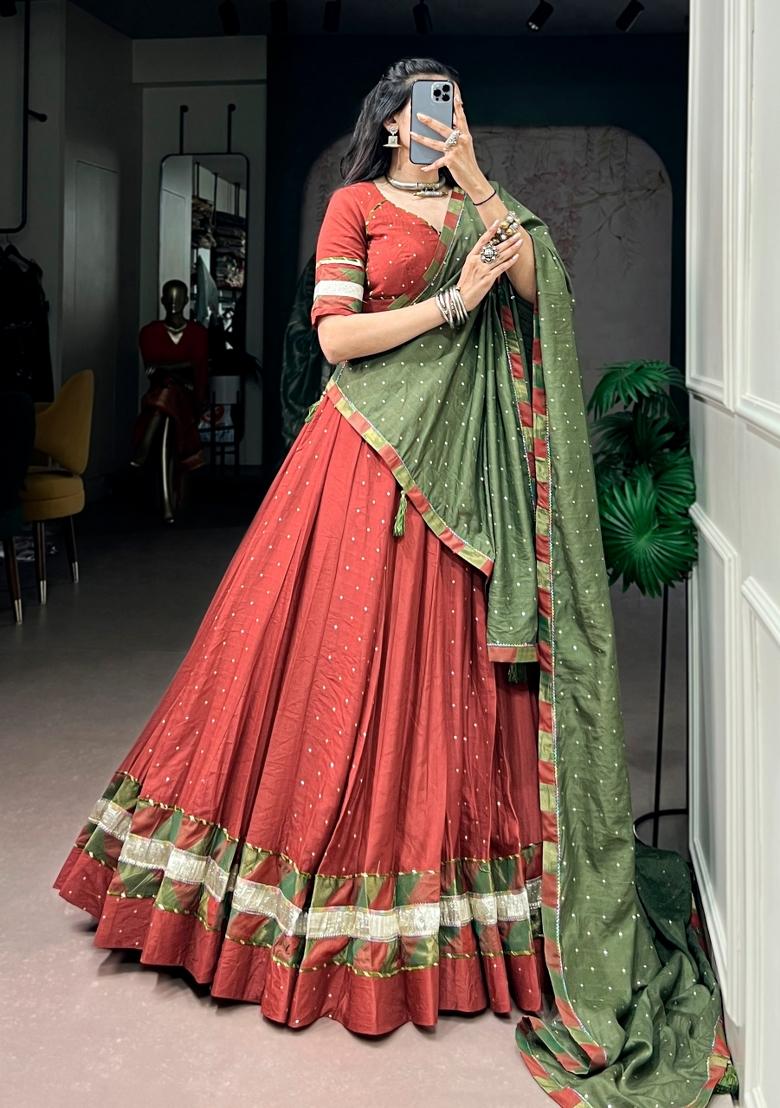 Brick Red Zari Work Chanderi Chaniya Choli Set For Navratri And Garba - Indya