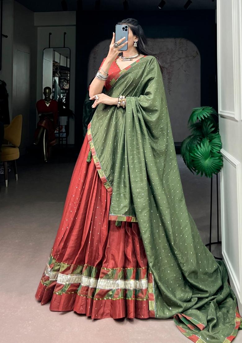 Brick Red Zari Work Chanderi Chaniya Choli Set For Navratri And Garba - Indya