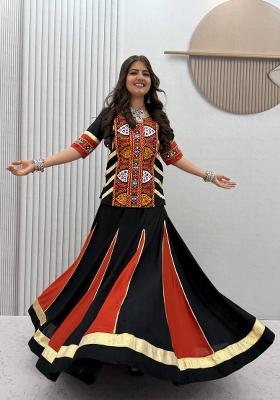 Black And Orange Kutchi Work Cotton Chaniya Choli Set For Navratri And Garba