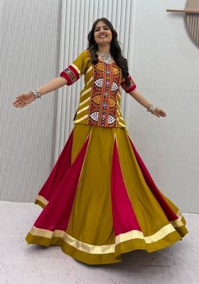Mustard And Rani Pink Kutchi Work Cotton Chaniya Choli Set For Navratri And Garba