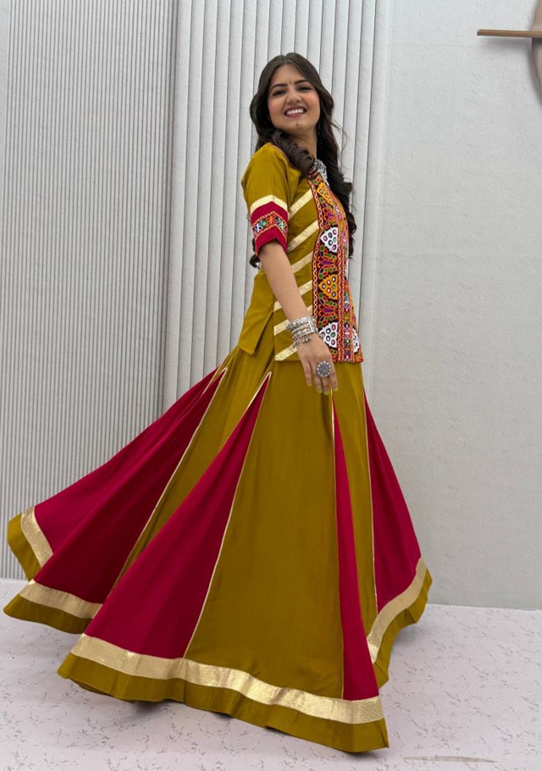 Mustard And Rani Pink Kutchi Work Cotton Chaniya Choli Set For Navratri And Garba - Indya
