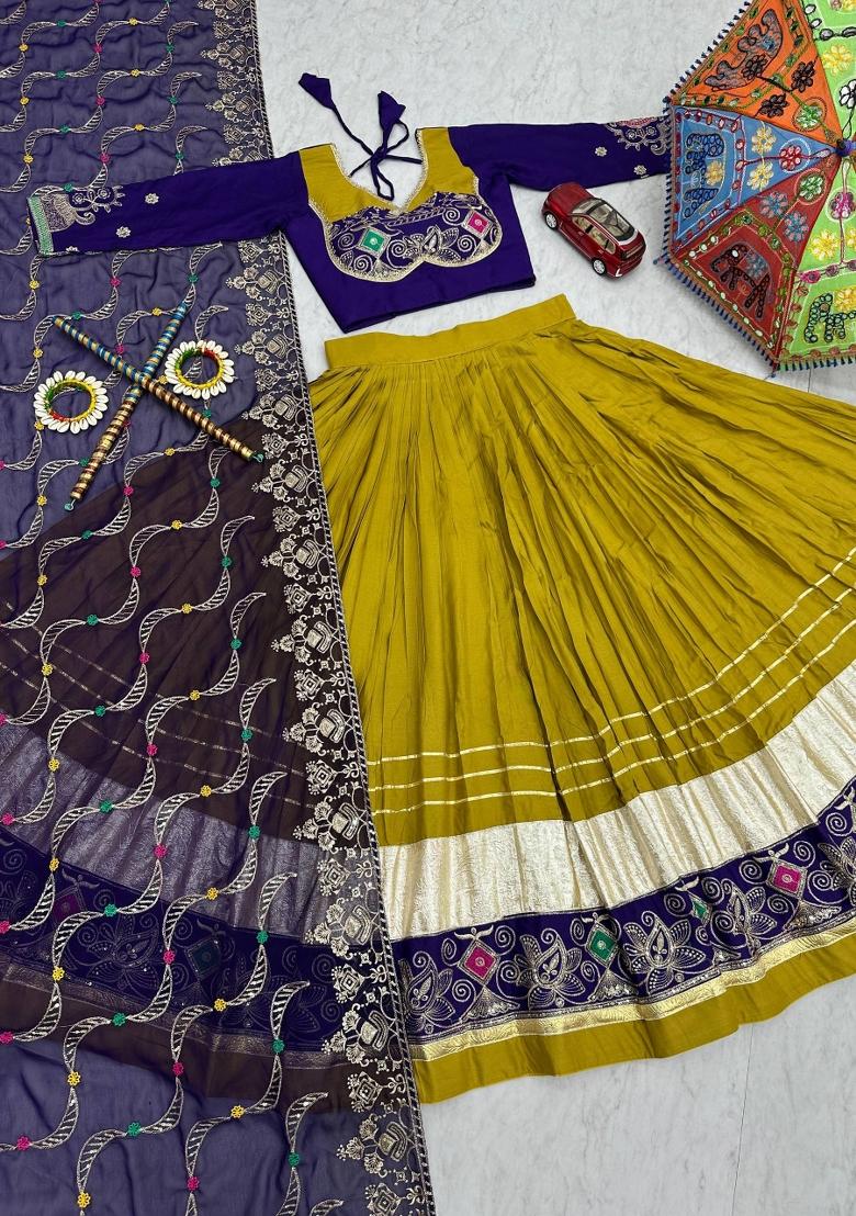 Mustard And Blue Embroidered Cotton Chaniya Choli Set For Navratri And Garba - Indya