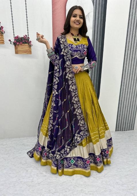 Mustard And Blue Embroidered Cotton Chaniya Choli Set For Navratri And Garba