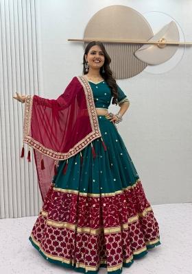 Teal Green Embroidered Georgette Chaniya Choli Set For Navratri And Garba