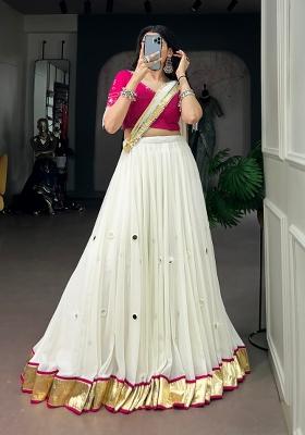 White Mirror Work Cotton Lehenga Set