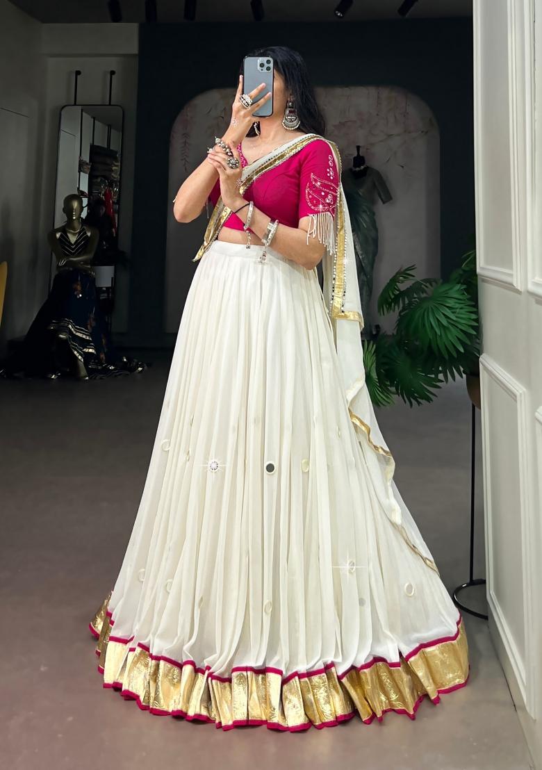 White Mirror Work Cotton Lehenga Set - Indya