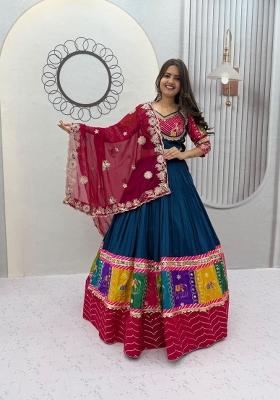 Navy Blue Sequin Work Cotton Chaniya Choli Set For Navratri And Garba