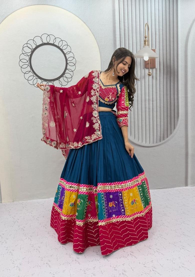 Navy Blue Sequin Work Cotton Chaniya Choli Set For Navratri And Garba - Indya