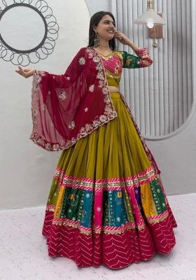 Olive Green Sequin Work Cotton Chaniya Choli Set For Navratri And Garba