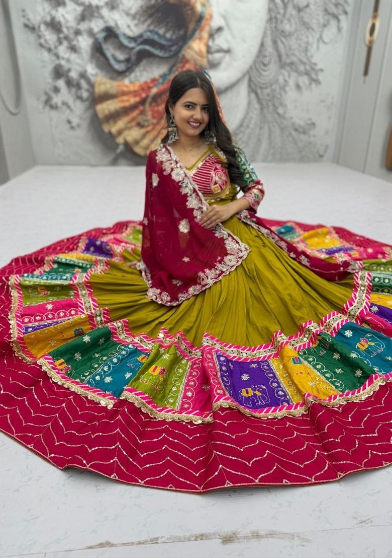 Olive Green Sequin Work Cotton Chaniya Choli Set For Navratri And Garba - Indya