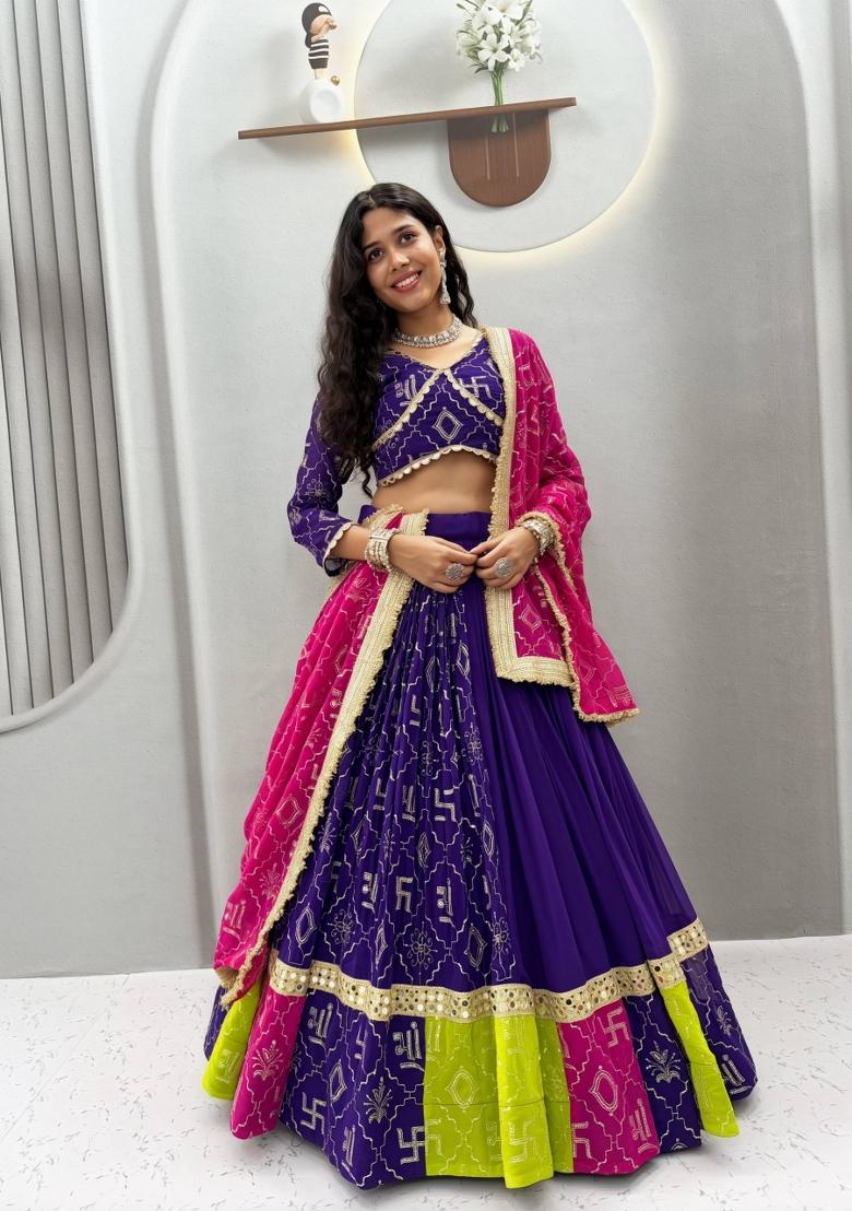 Purple Embroidered Cotton Chaniya Choli Set For Navratri And Garba - Indya