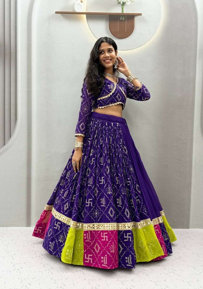 Purple Embroidered Cotton Chaniya Choli Set For Navratri And Garba for Diwali and Festive Wear - Indya