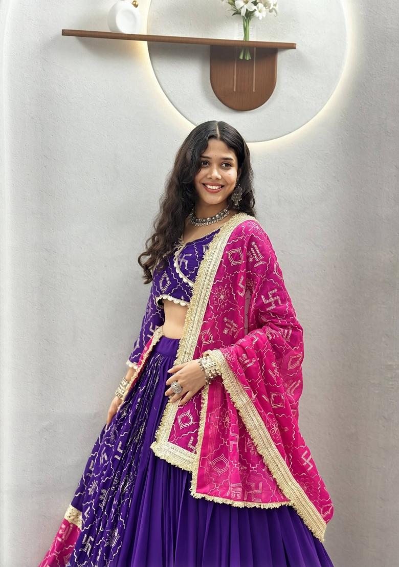 Purple Embroidered Cotton Chaniya Choli Set For Navratri And Garba - Indya