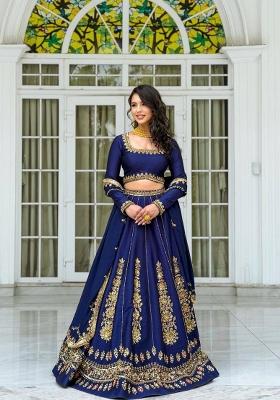 Navy Blue Embroidered Chinon Lehenga Set