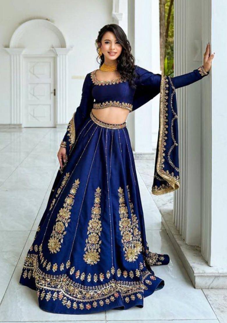 Navy Blue Embroidered Chinon Lehenga Set - Indya