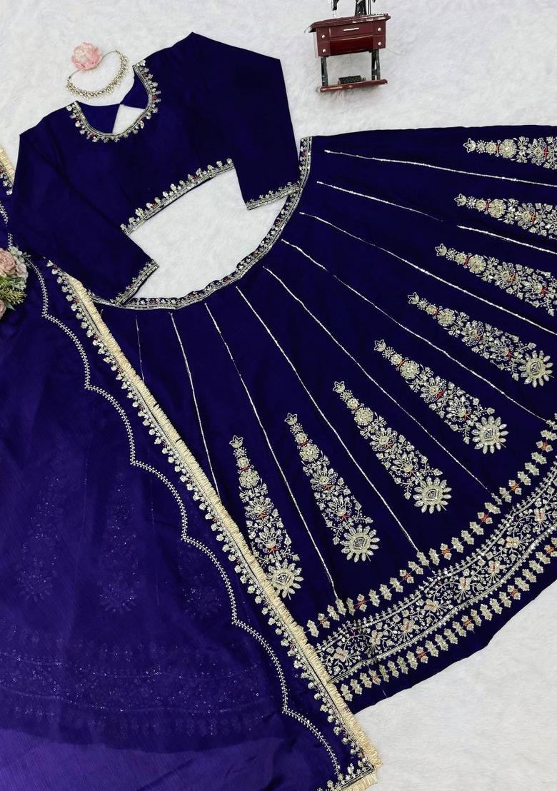 Navy Blue Embroidered Chinon Lehenga Set - Indya