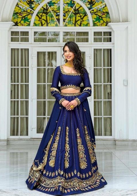 Navy Blue Embroidered Chinon Lehenga Set