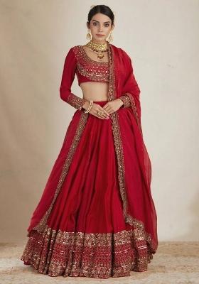 Red Sequin Work Vichitra Lehenga Set