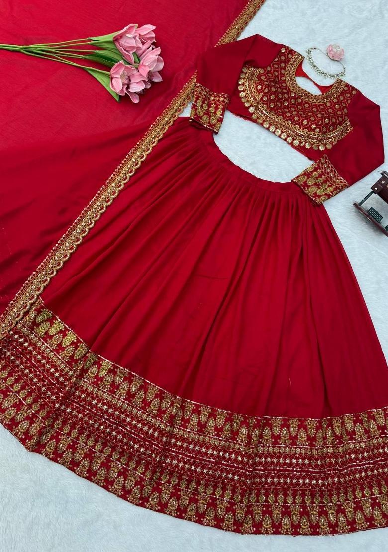 Red Sequin Work Vichitra Lehenga Set - Indya