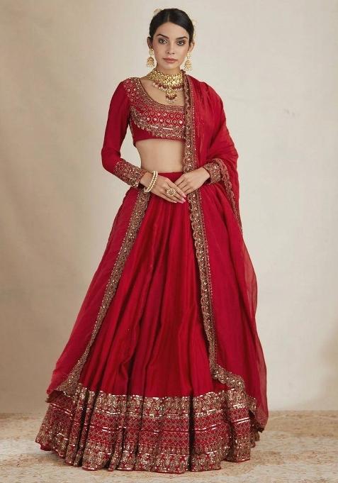 Red Sequin Work Vichitra Lehenga Set