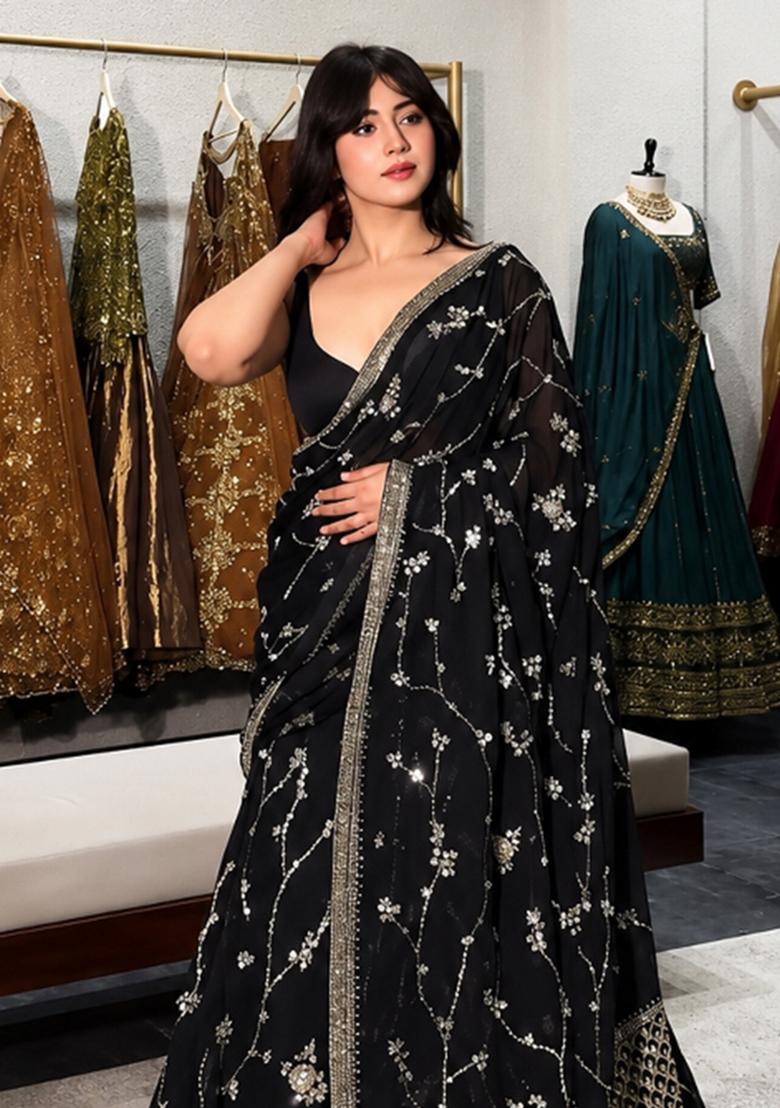 Black Sequin Work Georgette Lehenga Set - Indya