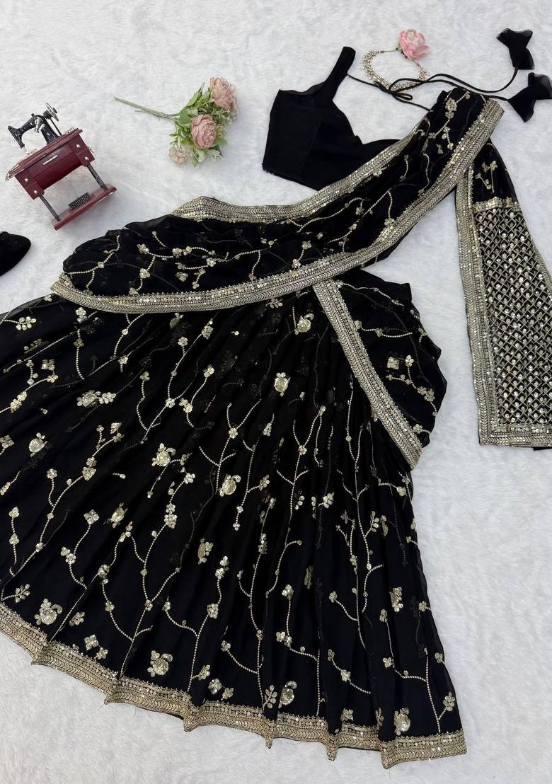 Black Sequin Work Georgette Lehenga Set - Indya