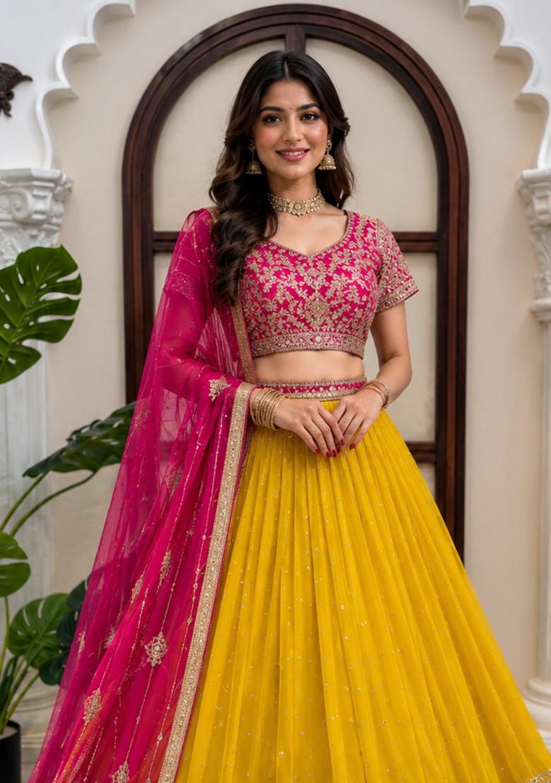 Yellow Sequin Work Georgette Lehenga Set - Indya